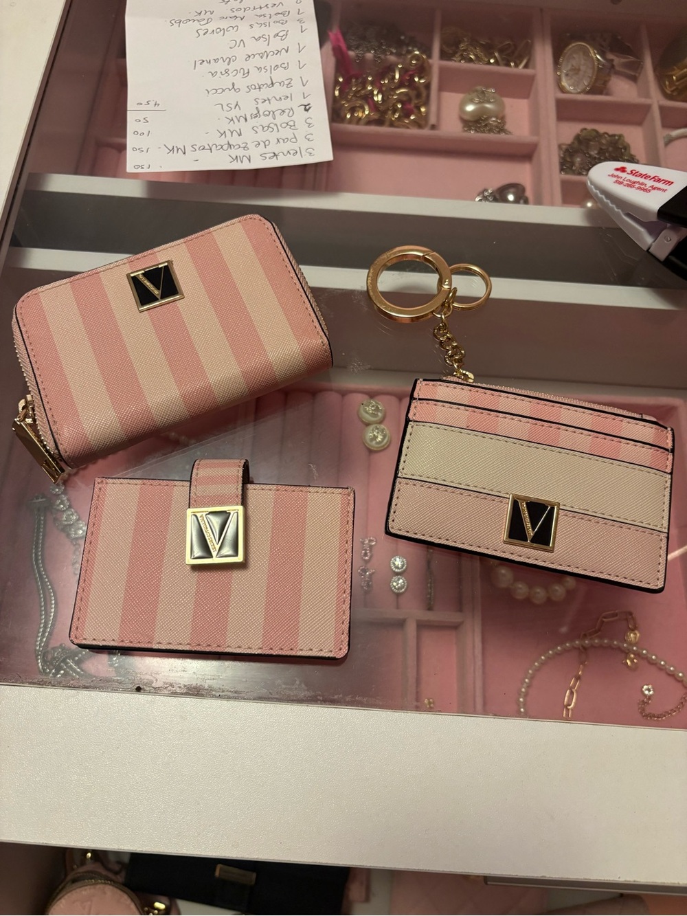 Victoria's Secret Pink Striped Wallet, Card Holder & Keyring Set